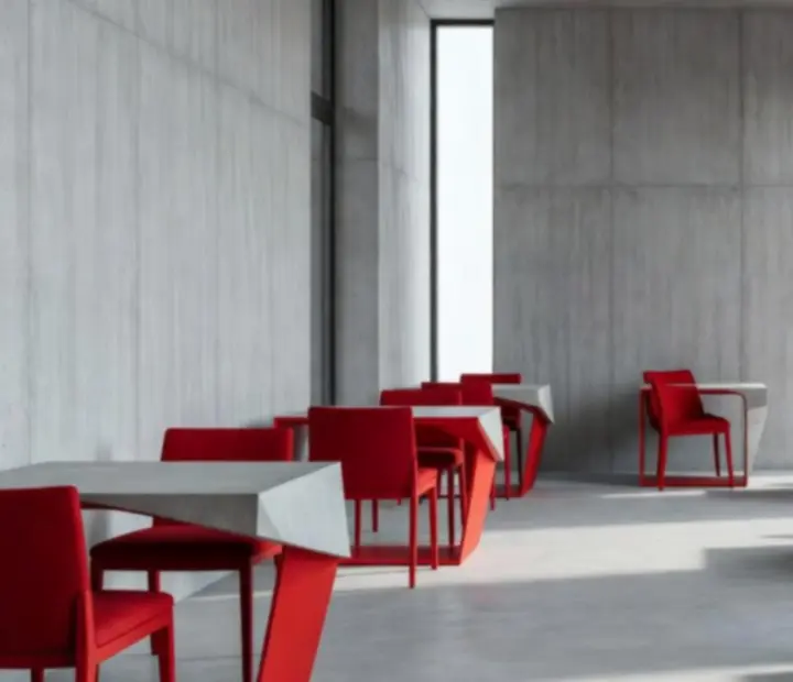 Brutalistický interiér restaurace Bohemiva s ostrými liniemi a červenými akcenty